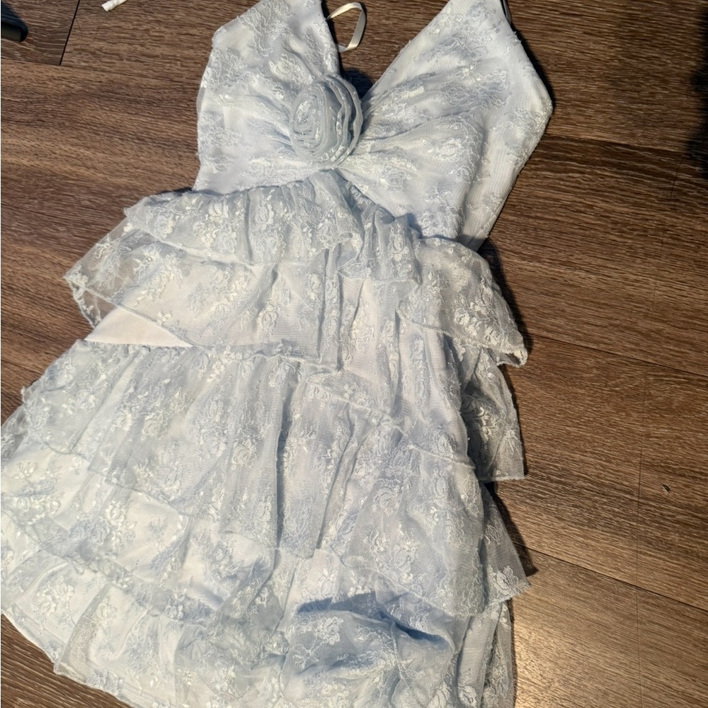 Light Blue Lace Tiered Ruffle Mini Dress Halter Rosette Bust - Picture 6 of 9